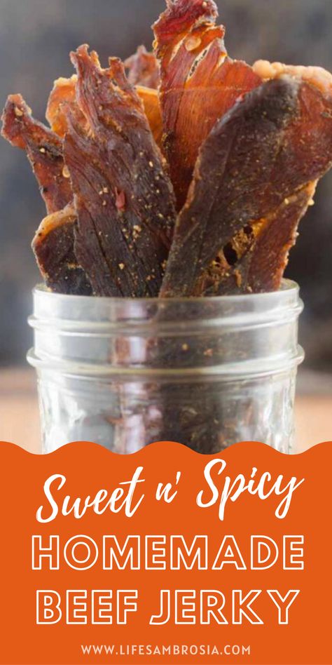 Sweet And Spicy Beef Jerky Recipe, Spicy Beef Jerky Recipe, Sweet And Spicy Beef, Spicy Beef Jerky, Jerkey Recipes, Jerky Marinade, Beef Jerky Recipe, Homemade Beef Jerky, Jerky Recipe