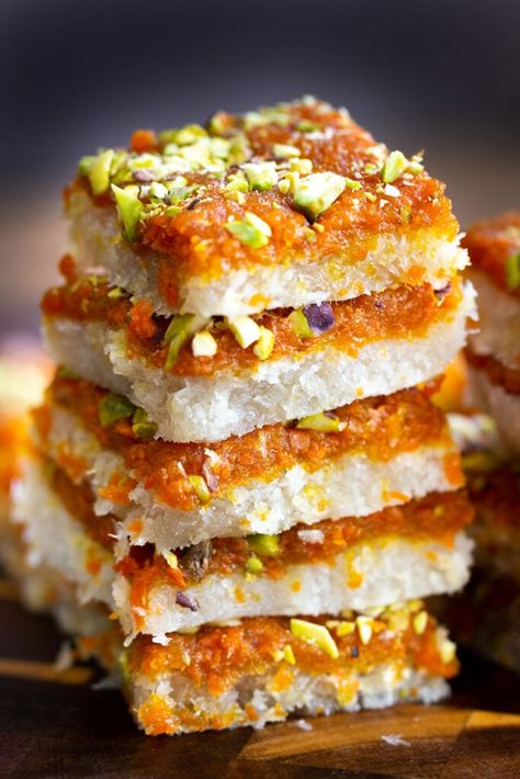 Layered Carrot Halwa Coconut Burfi Vegan Vegan Indian Dessert, Coconut Burfi, Carrot Halwa, Vegan Richa, Indian Dessert, Vegan Living, Indian Dessert Recipes, Coconut Macaroons, Indian Sweet