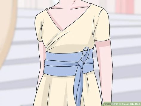 Easy Ways to Tie an Obi Belt: 9 Steps (with Pictures) - wikiHow How To Tie A Wrap Belt, Obi Pattern, How To Tie An Obi Belt, Obi Belt Sewing Pattern, Wrap Belt Outfit, How To Tie Kimono Obi, Obi Belt Diy, Obi Belt From Neck Ties, How To Tie A Belt