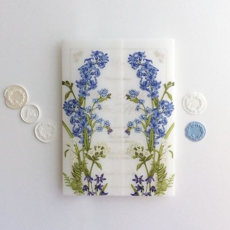 Eleanor blue and white floral botanic garden printed vellum wrap for 5x7 card | pack of 10 Invitation Jackets and Overlays by Ivory Invitations | Minted Printed Vellum, Vellum Wrap, Translucent Material, Laser Cut Wedding Invitations, Laser Cut Wedding, Floral Elements, Garden Print, Blue And White Floral, Botanic Garden