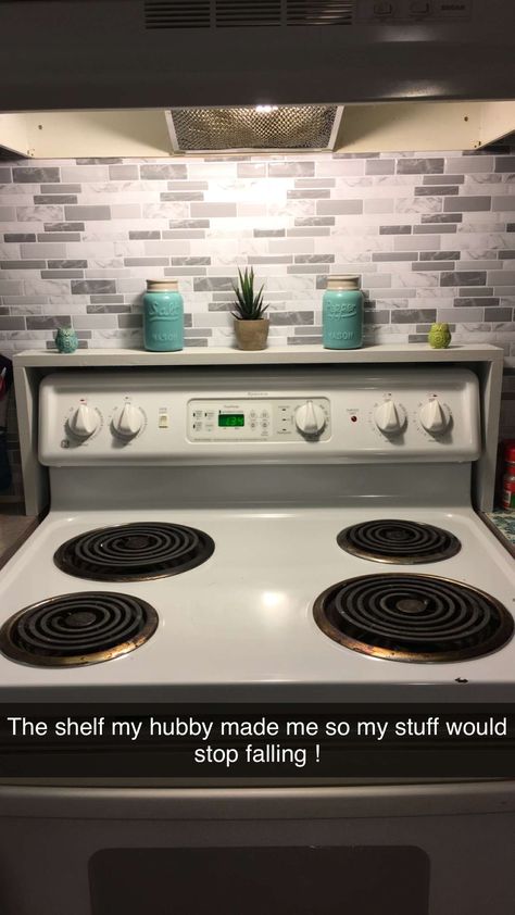 Back Of Stove Shelf, Behind The Oven Shelf, Old Stove Decor Ideas, Over The Oven Shelf, Wall Shelf Over Stove, Stove Shelf Over The, Over Oven Shelf, Behind Stove Decor Ideas, Shelf Behind Stove