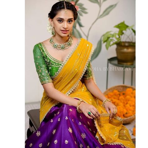 South Indian & Fashion brides on Instagram: “Clothing @bhargavikunam . . #southindianbrides #cute #bride #photography #beautifulcapture #weddingphotography #makeuplook…” Purple Contrast Color Combinations, Saree Engagement, Purple Contrast Color, Designer Ghagra, Bhargavi Kunam, South Indian Fashion, Designer Lehanga, Chanderi Lehenga, Purple Contrast