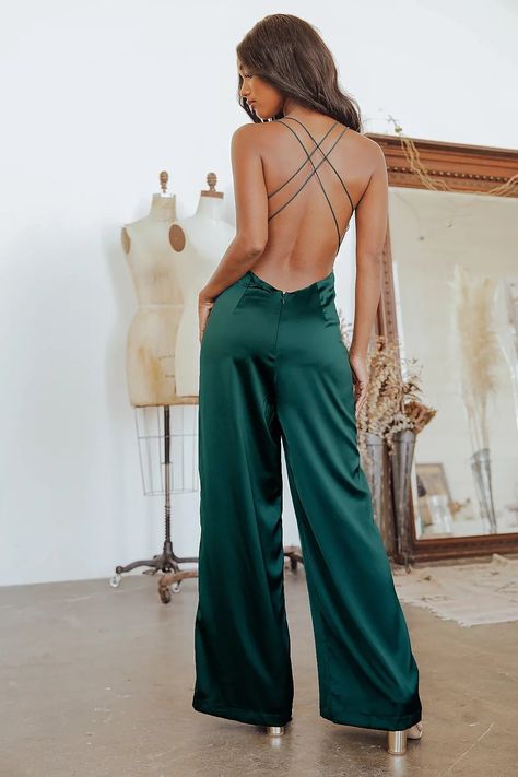 Jumpsuit Outfit With Jacket, Green Satin Jumpsuit, Green Jumpsuit Outfit, Jumpsuit Outfit Wedding, Emerald Green Jumpsuit, Jumpsuit Prom, Prom Jumpsuit, Satin Jumpsuit, Backless Jumpsuit