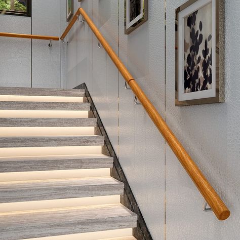 Wall Mounted Railing, Stairs With Handrail On Wall, Stair Railing Ideas Wall Mount, Stairwell Handrail, Steel Banister, Wall Mounted Stair Handrail, Wall Handrail, Stairs Handrail, Banister Rails