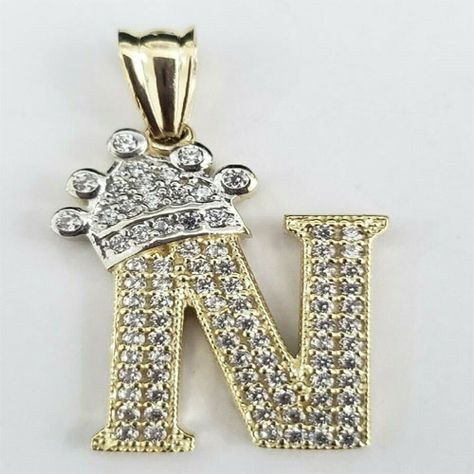 Letter N, Rings Fashion, Rings Gold, Rings Engagement, Gold Crown, Yellow Gold Pendants, Ebay Jewelry, Round Pendant, Diamond Stone