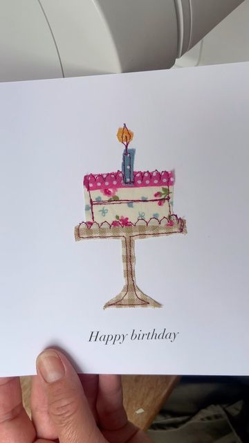 Sarah Becvar on Instagram: "Well, it wouldn’t be a birthday without cake🎂. I always leave the reverse of the stitching uncovered, providing the tension’s neat and threads are trimmed I think it looks just as pretty 🤍. Freehand machine embroidery on a Pfaff domestic. I’m sewing without a foot here but would recommend you attach an embroidery foot to your machine for freehand sewing. If you can lower the feed dog on your machine (the metal teeth below the foot) then you can sew freehand 🧵. . . . . #freehandembroidery #machineembroidery #machineembroiderydesign #cardmaking #sewcreative #cardmakingideas #sewingfun #sew #sewsewsew #sewersgonnasew #sewistsofinstagram #cardmakinghobby #applique #appliquework #justacard #createmakeshare #bespokegift #handmadecards #handmadecard #handmade #handm Freehand Sewing, Free Motion Embroidery Applique, Machine Embroidery Tutorials, Metal Teeth, Freehand Machine Embroidery, Sewing To Sell, Embroidery Cards, Fabric Cards, Free Motion Embroidery