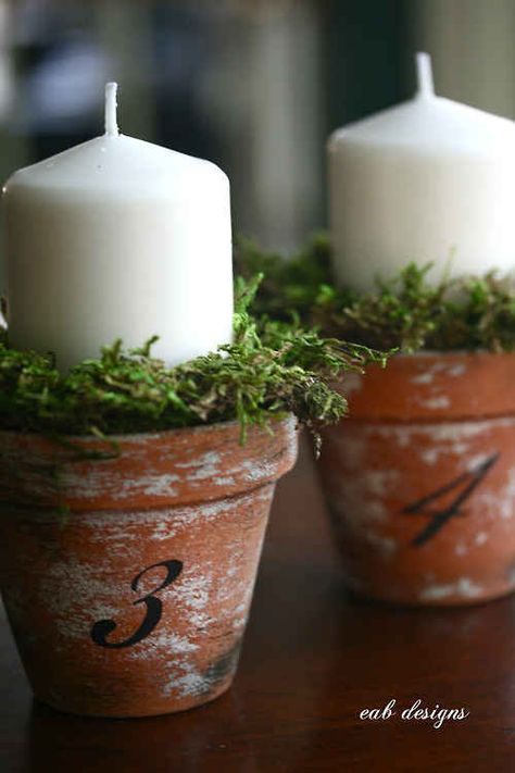 Candles in Terracotta Pots and other DIY wedding decor ideas Advent Candles Diy, Advent Wreath Diy, Advent Wreath Candles, Calendar Advent, Candle Wreaths, Diy Candle Holders, Advent Candles, Christmas Candle Holders, Advent Wreath