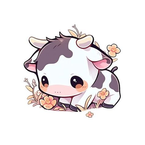 Kawaii Cow Tattoo, Animals With Flowers Drawing, Mushroom Cow Art, Cute Cow Drawing Cartoons, Cute Cows Drawing, Cow Cute Drawing, Kawaii Cow Drawing, Cute Kawaii Animals Drawing, Strawberry Cow Art