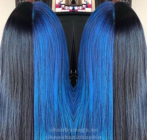 Half Blue Hair Half Black, Half Dark Blue Half Black Hair, Half Black Half Blue Hair Split, Blue And Black Hair Split, Half And Half Hair Color Blue, Black And Blue Split Dye Hair, Half Black Half Blue Hair, Half Blue Half Black Hair, Blue Split Dye Hair