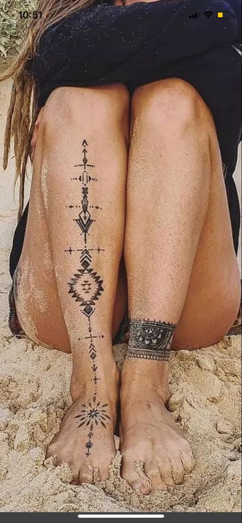 Inner Thigh Hip Tattoo, Toltec Tattoos, Indigineous Tattoos, Vain Tattoos, Front Of The Leg Tattoos For Women, Top Of Ankle Tattoo, Native American Ankle Tattoos, Boho Leg Tattoo, Grey Tattoo Ink