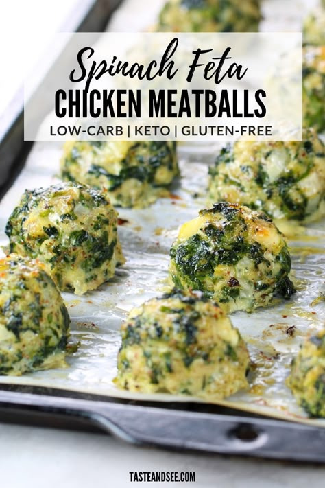 These meal prep baked chicken meatballs are going to be an amazing addition to your new year eating plan!  #TasteAndSee Chicken And Feta Meatballs, Chicken Spinach Feta Meatballs, Chicken And Spinach Meatballs, Chicken Feta Meatballs, Healthy Chicken Meatballs, Spinach Feta Chicken, Chicken Meatballs Healthy, Ground Chicken Meatballs, Keto Spinach