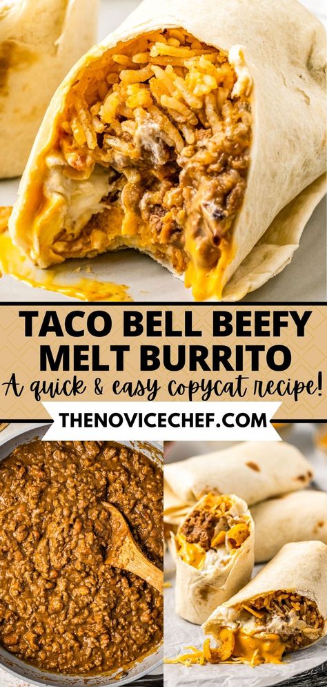 A copycat of the fast-food favorite, this Taco Bell Beefy Melt Burrito is stuffed with seasoned beef, refried beans, Mexican rice, crunchy Fritos, and more. Simple to make, and much more flavorful than the drive-thru version, these cheesy beef burritos will be a new family favorite! Refried Beans Mexican, Beans Mexican, Beef Burritos, Salad Pasta, Mexican Rice, Fast Dinners, Drive Thru, Taco Bell, New Family