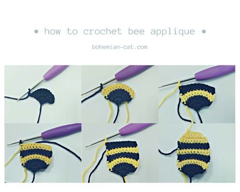 Crochet bee applique | Free Pattern | Bohemian Cat Crochet Bee Applique Free Pattern, Crochet Honey Pot Applique, Crochet Honey Bee Applique, Crochet Bumblebee Applique Pattern Free, Bee Applique Pattern, Crochet Bee Applique, Mini Bumble Bee Crochet Pattern Free, Aplique Bee Crochet, Small Bumble Bee Crochet Pattern