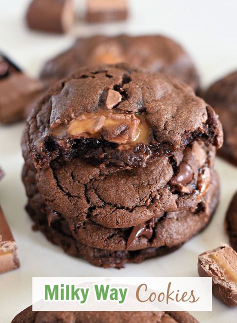 Milky Way Cookies: Soft and chewy chocolate cookies filled with bits of caramely Milky Ways. Milky Way Desserts, Giant Chocolate Cookie, Milky Way Dessert, Eclipse Cookies, Milkyway Cookie, Crave Cookies, Milky Way Cookie, Milky Way Cake, Milky Way Cookies