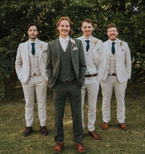 Groom And Groomsmen Attire Khaki, Green Suit For Men Wedding, Mens Desert Wedding Attire, Beige And Green Groomsmen Suits, Sage Groomsmen Suits, Olive Green Wedding Party Groomsmen, Groomsmen Attire Olive Green, Fall Groom And Groomsmen Attire, Green Bridal Party Groomsmen