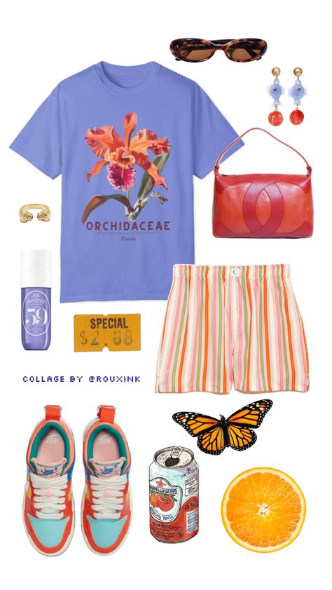 Discover the perfect summer ensemble with this vibrant outfit inspiration from RouxInk Clothing. Featuring a striking lavender graphic tee adorned with a bold orchid design, this look is paired with colorful striped shorts for a fun, retro vibe. Complete the outfit with eye-catching accessories: tortoiseshell sunglasses, statement earrings, and a red handbag. The colorful Nike sneakers add a playful touch, while the unique jewelry pieces and a refreshing soda can complete the aesthetic. Ideal for fashion-forward individuals who love mixing vibrant prints and retro styles. Perfect for casual outings, festivals, and summer adventures. Shop this look and more at RouxInk Clothing. Lavender Graphic, Colorful Nike, Colorful Summer Outfits, Lavender Outfit, Orchid Design, Tortoiseshell Sunglasses, Vibrant Outfits, Retro Accessories, Red Handbag