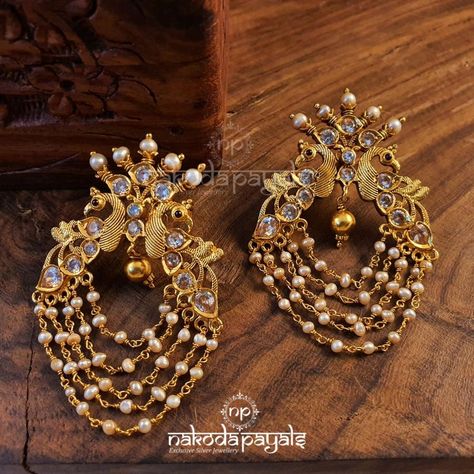 Silver Jewellery Gold Plated, Silver Gold Plated Earrings, Gold Plated Silver Jewellery Indian, Silver Gold Plated Jewellery, Gold Plated Jewelry Indian, Nakoda Payals, Hindu Jewelry, Pearl Earrings Designs, Gold Jewels Design