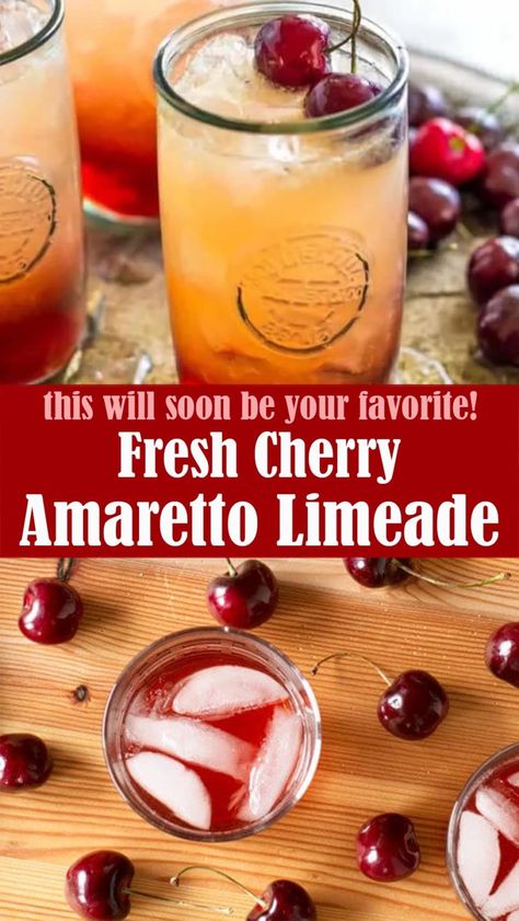 Fresh Cherry Amaretto Limeade – Reserveamana Happy Hour Snacks, Amaretto Drinks, Cherry Amaretto, Simple Cocktail, Fresh Cherry, Yummy Alcoholic Drinks, Sour Cocktail, Boozy Drinks, Mixed Drinks Recipes