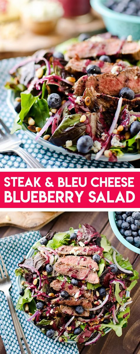 Blueberry Balsamic Dressing, Blueberry Balsamic, Pine Nuts Salad, Blueberry Salad, Spinach Salad Recipes, Salad Pasta, Hearty Salads, Bleu Cheese, Steak Salad