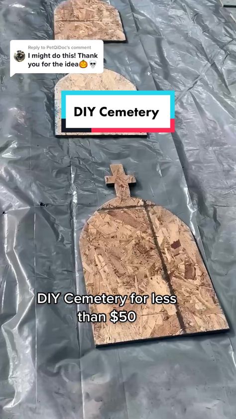 Headstone Diy Halloween Tombstones, Grave Stones Ideas Halloween Diy, Home Made Tombstones For Halloween, Plywood Headstones Halloween, How To Make Headstones For Halloween, Diy Wooden Gravestones, How To Make Gravestones For Halloween, Halloween Head Stones, Halloween Headstone Diy