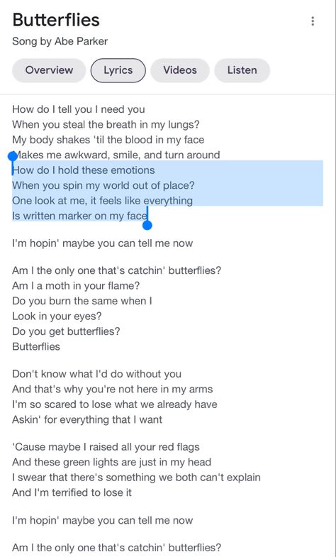 Songs That Give You Butterflies, Butterflies Abe Parker, Butterflies Lyrics, Butterfly Songs, Lynn Painter, Tell Me Now, Meaningful Lyrics, Always Thinking Of You, Just Lyrics