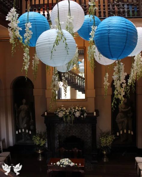 Blue And White Paper Lanterns, 18th Birthday Party Colour Theme, Blue And White Aesthetic Party, Mama Mia Themed Pool Party, Greece Party Decorations, Blue 13th Birthday Party Ideas, Blue And White Themed Party, Mama Mia Prom Theme, Mama Mia Wedding Theme