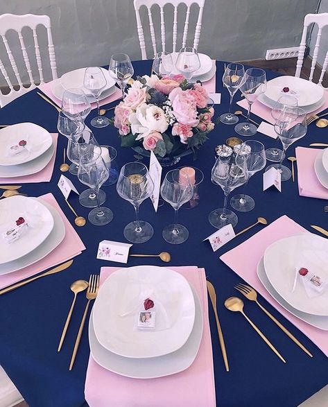 Pink And Navy Table Decor, Pink And Royal Blue Wedding, Pink Table Settings, Baby Pink Wedding, Blue Table Settings, Rustic Glam Wedding, Purple And Gold Wedding, Pink Wedding Decorations, Wedding Color Pallet