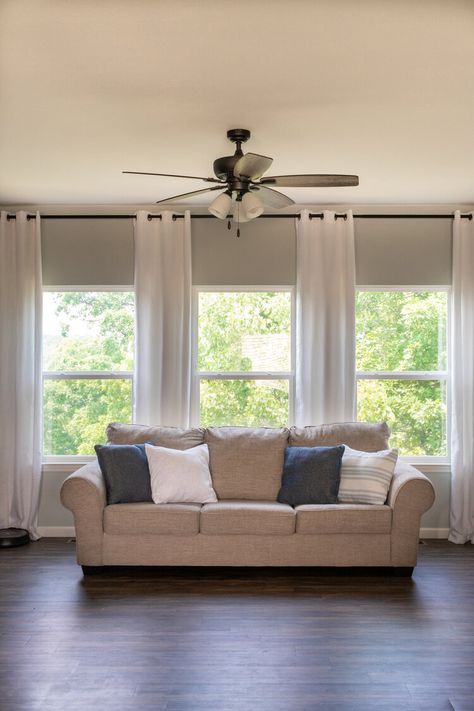 How to Make Your Room Look Bigger with Curtains Make A Room Look Taller, Picture Windows Living Room, Make Your Room Look Bigger, Long Curtains Living Room, Big Windows Living Room, Make A Room Look Bigger, High Curtains, Floor To Ceiling Curtains, Room Look Bigger