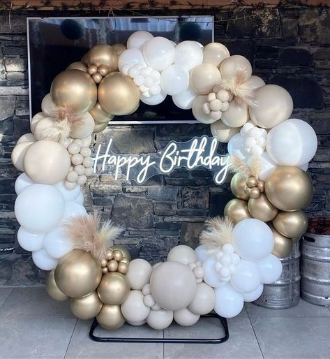 Happy Birthday moongate balloon decor neon sign nude and gold with pampas grass custom organic event backdrop with gold. 30th birthday inspiration. events ireland. Gold 30th Birthday, Moon Gate, Birthday Inspiration, Event Backdrop, Balloon Backdrop, Balloon Decor, Pampas Grass, 30th Birthday, Balloon Decorations