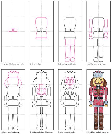 How to draw a fancy Nutcracker. PDF tutorial available. #Nutcracker Nutcracker Crafts, Christmas Art Projects, Winter Art Projects, 3rd Grade Art, Nutcracker Ballet, Middle School Art, Christmas Drawing, Winter Art, Nutcracker Christmas