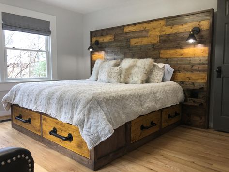 King Size Bed Master Bedrooms, Diy King Size Headboard, Storage Bed With Drawers, Storage Bed King, Diy King Bed, King Size Storage Bed, Diy Storage Bed, Bed Frame With Drawers, King Storage Bed