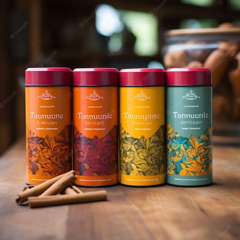 Premium AI Image | three containers of different colors are on a table Tea Container Design, Typo Packaging, Spice Business, Fruits Packaging, Packed Food, Spices Packaging, Premium Spices, Tea Packaging Design, Spice Jar Labels