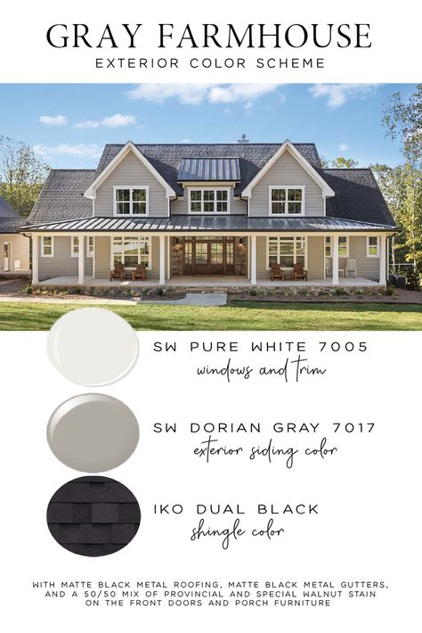 House Exterior Colors Schemes With Black Windows, Farmhouse Exterior Paint Colors Grey, Garage Siding Ideas Exterior Colors, Outside Farmhouse Colors, Gray Exterior Farmhouse, Color Exterior House Ideas, Exterior Farmhouse Color Schemes, Gray House Wood Accents Exterior, Modern Farmhouse Grey Exterior