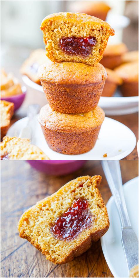 Peanut Butter And Jelly Muffins, Jelly Muffins, Pb J Sandwiches, Averie Cooks, Filled Muffins, Peanut Butter And Jelly, Muffin Recipes, Baked Goods, Breakfast Brunch