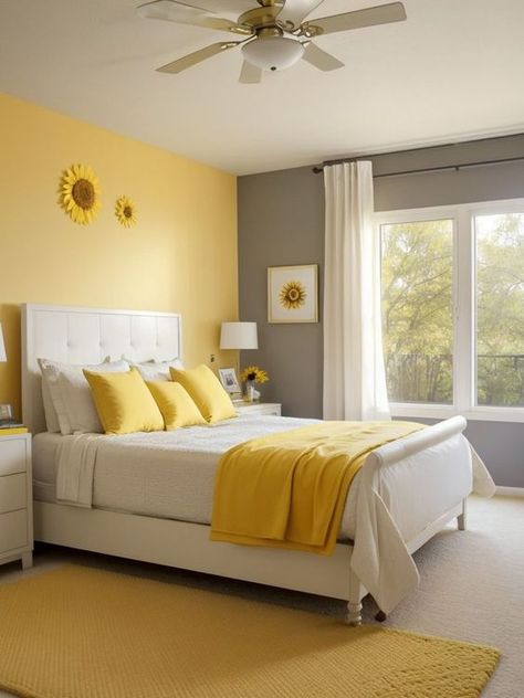 Room Paint Colors Bedroom, Gray Bed Frame, Grey Bedroom Paint, Lavender Wall Art, Yellow Bedroom Decor, Room Color Combination, Cherry Blossom Wall Art, Indian Bedroom Decor, Grey Bed Frame