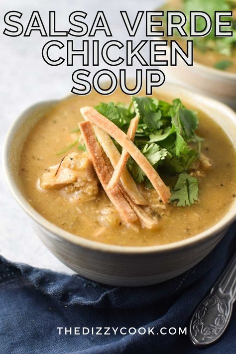 Easy and comforting, this green enchilada chicken soup uses a tomatillo enchilada sauce made with poblanos and garlic mixed with chicken, broth, and cilantro for a tangy and flavorful Mexican soup. Gluten free, dairy free, and healthy! Tomatillo Enchilada Sauce, Green Chicken Enchilada Soup, Low Tyramine Diet, Salsa Verde Chicken Soup, Soup Gluten Free Dairy Free, Green Enchilada Chicken Soup, Enchilada Chicken Soup, Dizzy Cook, Green Chicken Enchiladas