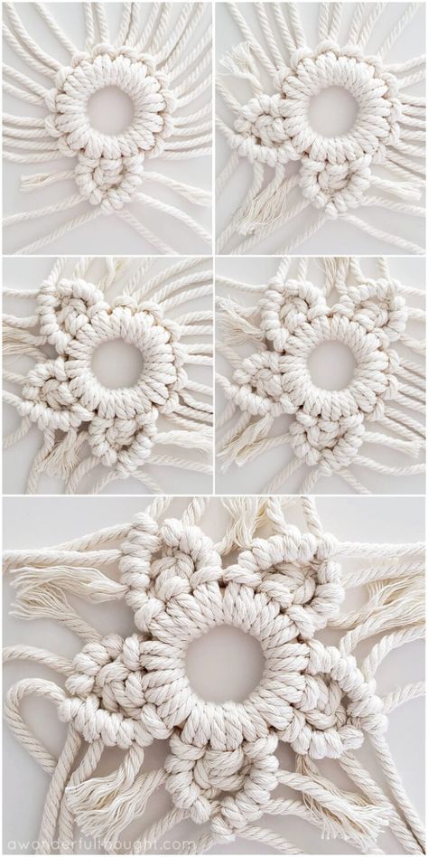 Christmas Macrame Ideas, Snowflake Macrame, Christmas Pompom, Macrame Knots Pattern, Snow Flakes Diy, Handmade Christmas Crafts, Macrame Patterns Tutorials, Macrame Ideas, Boho Christmas