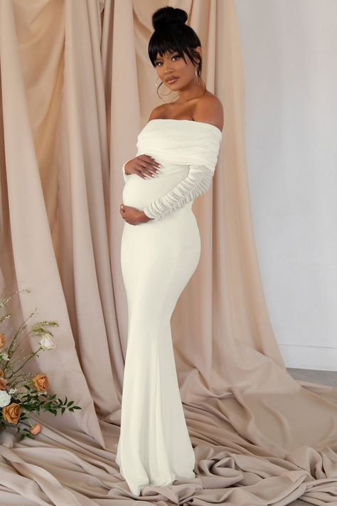 White Maternity Dress, White Maternity Dresses, Pregnant Wedding, Pregnant Wedding Dress, Club L London, Bardot Neckline, Fishtail Skirt, Maternity Maxi, Baby Shower Dresses