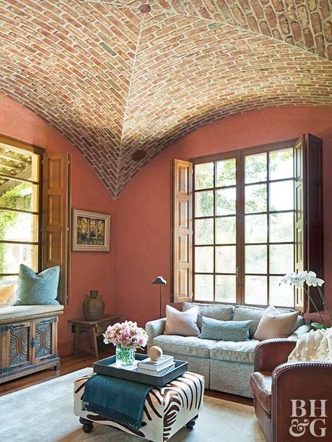 Hacienda Kitchen Decor, Living Room Ceiling Ideas, Room Ceiling Ideas, Unique Ceiling Ideas, Brick Ceiling, Ceiling Ideas Living Room, Retro Rv, Gorgeous Living Room, White Brick Fireplace