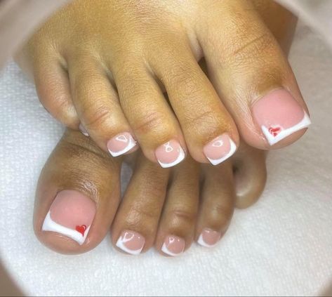 Valentine’s Day Acrylic Toes, Valentine Day Toe Nails, Valentine’s Day Pedicure, Valentines Day Toe Nails Pedicures, Valentines Pedicure Toenails, Red Toe Nail Designs, French Tip Toes With Design, Toes Acrylic Toenails, French Tips Ideas