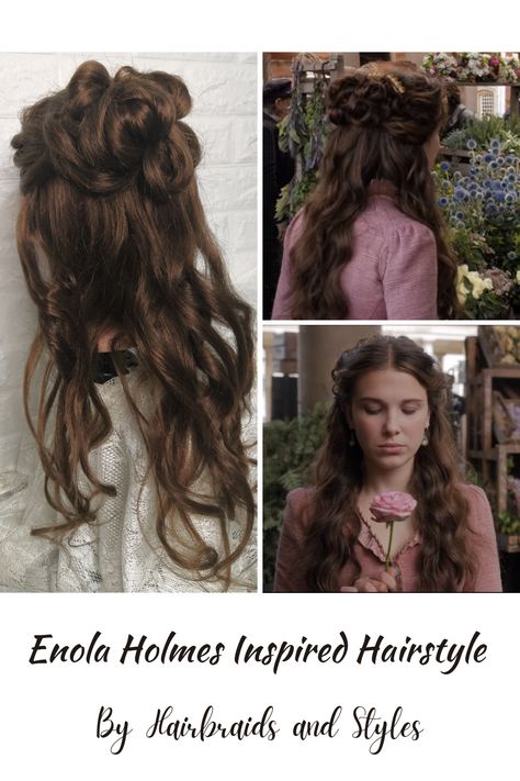 I instantly fell in love with Milly Bobby Brown’s half bun hairstyle as Enola Holmes, and I had so much fun recreating it. #halfbun #enolaholmes #enolaholmeshairstyle Ebola Holmes Hairstyle, Enola Holmes Cosplay, Enola Holmes Hairstyles Tutorial, Enola Holmes Hair Tutorial, Enola Holmes Makeup, Enola Homes Outfit, Enola Holmes Fashion, 19 Century Hairstyles, Enola Holmes Hairstyles