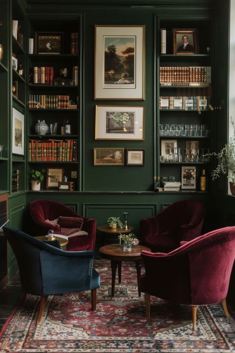 Create a moody, vintage office with these tips on the perfect antiques and decor items to use. Classic Vintage Interior Design, Whimsigoth Home Office, Speakeasy Home Office, Old World Maximalism, 1940s Office Decor, Dark Cozy Office, Library Bar Room, Vintage Office Aesthetic, Vintage Office Ideas