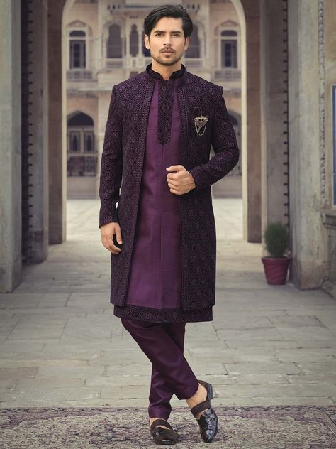 Purple Indian Outfit Men, Indo Western For Men Indian Weddings, Sangeet Inspiration, Purple Groom, Indowestern Outfits For Men, Wedding Garments, Unique Mens Wedding Suits, Indo Western Outfits For Men, Canyonwood Ridge