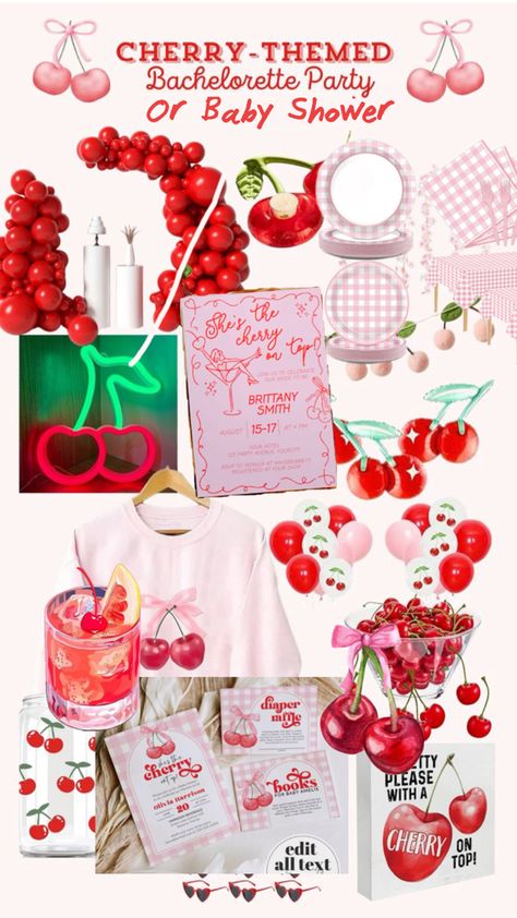 Welcome to the Cherry on Top Bridal Shower Inspiration Board, where sweetness reigns supreme! Outfit: Embrace the theme with a charming cherry-print sundress and dainty cherry accessories. Drink: Serve a Cherry Blossom Spritzer or non-alcoholic cherry lemonade for a refreshing touch. Decoration: Create a cherry paradise with cherry blossom branches, scattered cherry confetti, and a soft color palette of blush pink, ivory, and mint green. Let this sweet vibe set the tone for a delightful bridal shower celebration! Top Baby Shower Themes, Supreme Outfit, Cherry Accessories, Cherry Blossom Branches, Cherry Lemonade, Cherry Baby, Baby Ready, Bridal Shower Inspiration, Cherry Blossom Branch