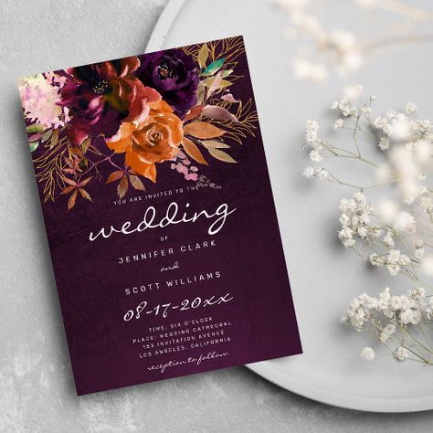 $3.94 | Burgundy orange pink gold floral fall wedding - floral wedding invitations, country chic weddings, autumn wedding invitations, fall wedding invitation, watercolor floral weddings, burgundy gold orange brown, watercolor burgundy gold floral, country chic, luxury and elegance, gold glitter foliage invites Eggplant Fall Wedding, Purple And Orange Wedding Invitations, Jewel Tone Autumn Wedding, Purple And Rust Wedding, Fall Wedding Purple Color Scheme, Purple And Burnt Orange Wedding, Orange And Purple Wedding Theme, Burnt Orange And Purple Wedding, Mango Wedding