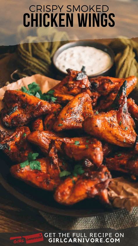 These smoked chicken wings get super crispy on the grill and have a perfectly smoked flavor. This is the best recipe for smoked wings and works on a pellet smoker, charcoal grill, or gas grill. Smoked Bbq Wings, Smoked Wings Recipe Electric Smoker, Brined Smoked Chicken Wings, Pellet Smoker Wings, Traeger Smoked Chicken Wings, Smoked Wings Recipe Pellet Smoker, Chicken Wing Brine Smoked, Smoked Whole Chicken Wings, Smoked Fried Chicken Wings