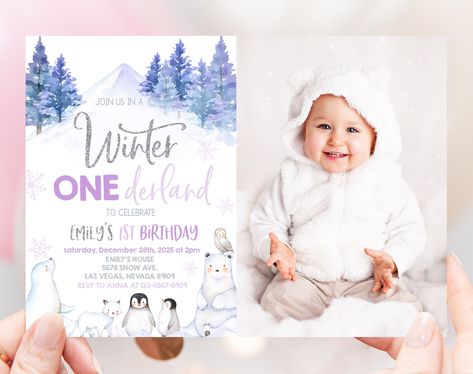 Birthday Party Invite, Winter Onederland, Woodland Forest, Arctic Animals, Photo Invitations, First Birthday Party, Girl First Birthday, Animal Cards, Party Invite