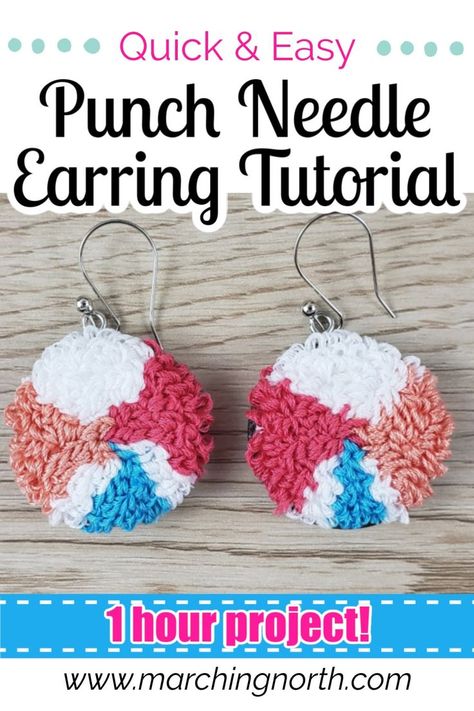 Check out this quick and easy Punch Needle Earrings tutorial! They are the perfect DIY Punch Needle project and will add a pop of color to any outfit! You can easily make these in an hour (or less) and they make a great gift or you could sell them at a craft fair or on Etsy. Try making these Punch Needle Embroidery Earrings today! #punchneedle #diyearrings #punchneedleembroidery #punchneedletutorial Punch Needle Jewelry, Punch Needle Earrings, Easy Punch Needle, Punching Needle, Diy Punch Needle, Diwali Lantern, Punch Needling, Easy Punch, Embroidery Earrings