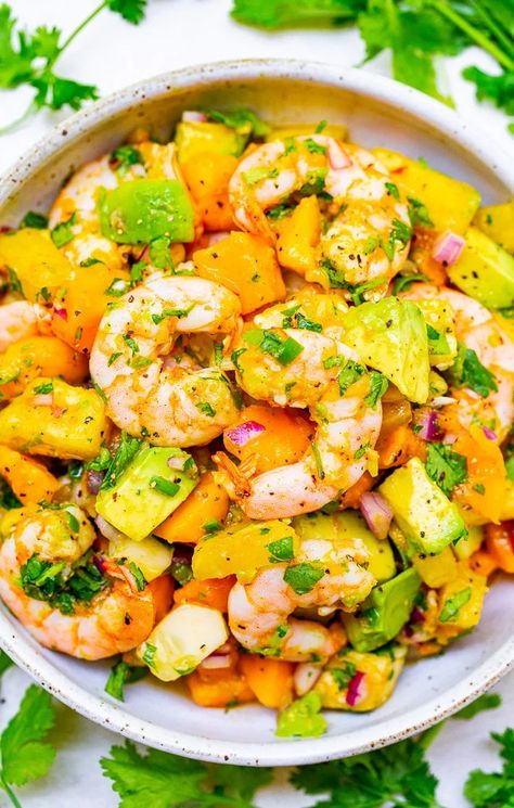 Avocado Mango Shrimp Salad - Averie Cooks Tropical Shrimp, Cilantro Shrimp, Warm Weather Recipes, Shrimp Salad Recipe, Pineapple Shrimp, Shrimp Avocado Salad, Shrimp Salad Recipes, Averie Cooks, Grilled Peppers