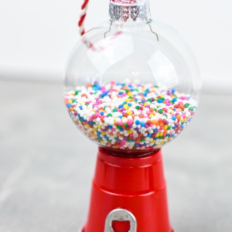 Mini Red Solo Cup Gumball Machine Ornament - Crafty Morning Gum All Machine Ornament Diy, Gumdrop Ornaments Diy, Gum Ball Ornament, Bubble Gum Ornament, Bubblegum Machine Ornament, Gum Ball Machine Ornaments, Gum Ball Ornament Diy, Gum All Machine Craft, Bubble Gum Machine Ornament